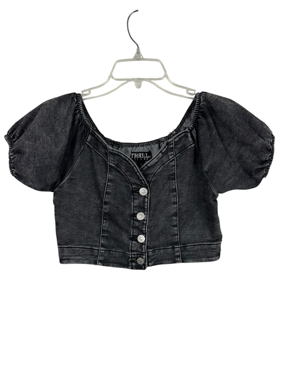 Thrill Jeans Black Acid Wash Denim Puff Sleeve Crop Top Cottagecore Corset S